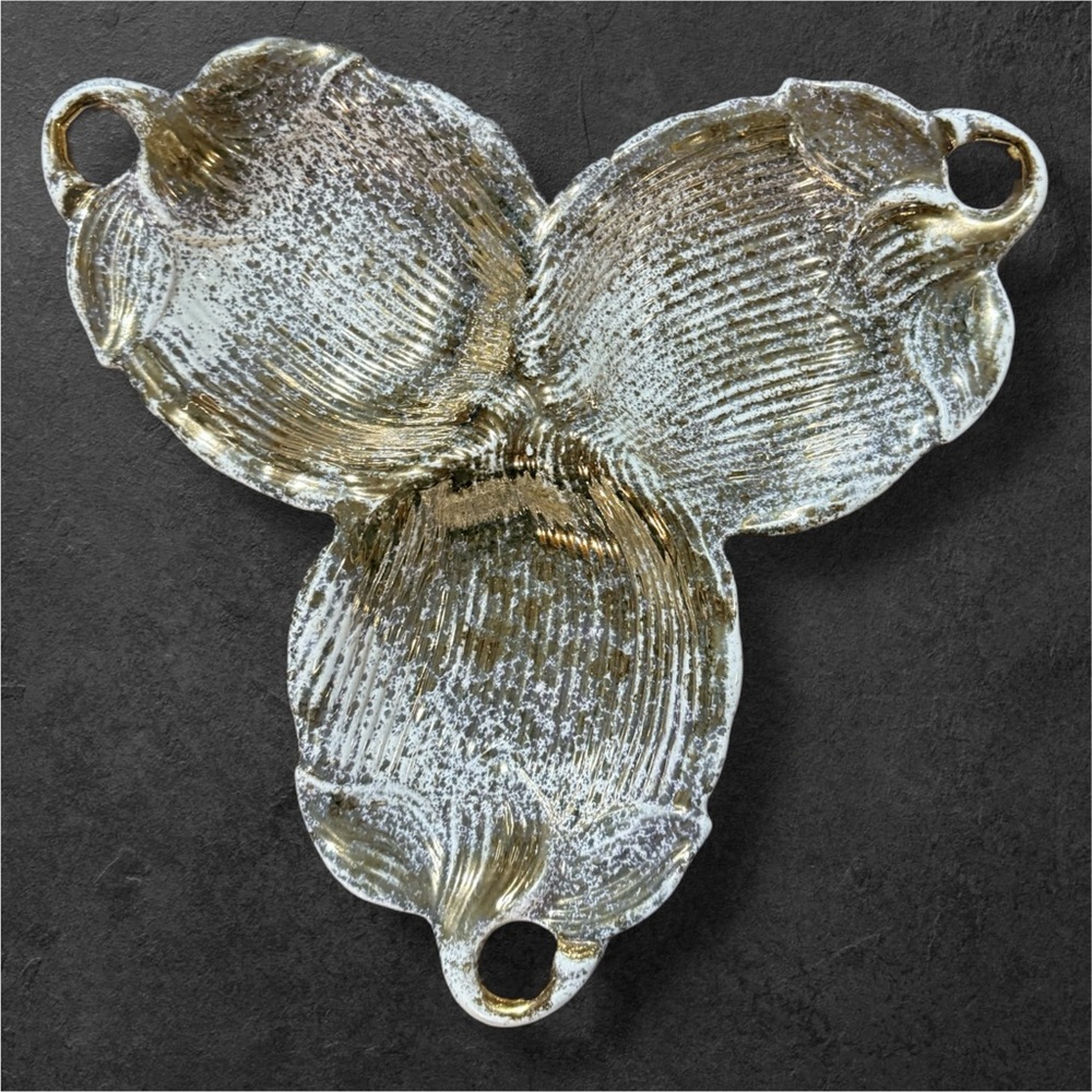 Mid Century Golden Leaf Shaped Ceramic Candy Dish Tray